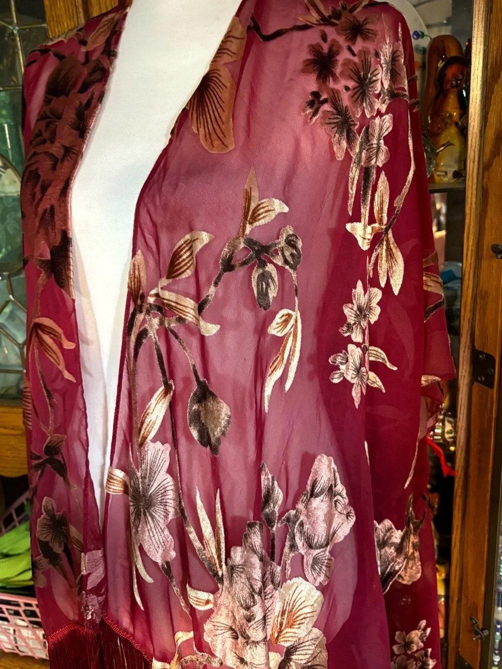 Roffe Burgundy Floral Chiffon Velvet Burnout Fringe Kimono os